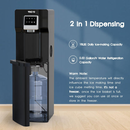 VECYS Bottom Loading Water Cooler with Ice Maker, Cold Water Supply with 18LBS Daily Ice Making, Compatible with 3 or 5 Gallon Bottles, Ideal for Home and Office (No Hot Water)