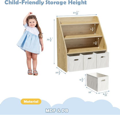 Kids Bookshelf and Toy Organizer, Wooden Kids Bookcase, Toddler Montessori Bookshelf with 3 Movable Drawers, Toy Storage Organizer for Kids Room, Living Room, Nursery