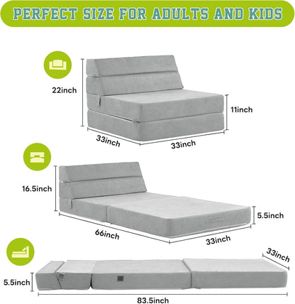 jela Foldable Sofa Bed Soft Foam Convertible Sleeper Chair Luxury Miss Fabric Fold Out Chair Bed Floor Couch with Back Support Floor Sofa for Living Room Bedroom (83"x33",Light Grey)