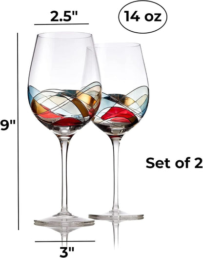 Bezrat Wine Glasses Hand Painted - Set of 2 - Women Wine Gift - Wine Lover Glass - Beautiful Glassware Gifts Ideas for Women Inspired by 'Duomo di Milano' Mothers Day - 12 oz (Red)