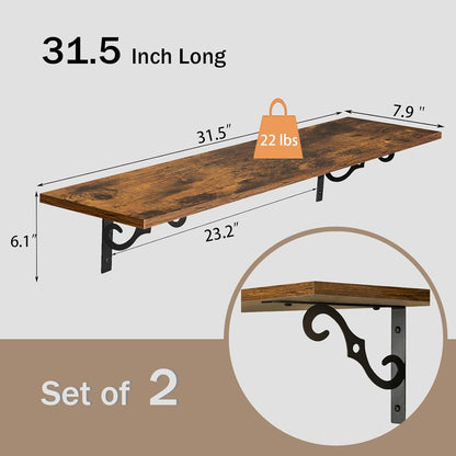 DINZI LVJ Long Wall Shelves, 31.5 Inch Large Floating Shelves Set of 2, Wide Display Shelf Wall Mounted with Brackets, Easy Hanging for Living Room, Toilet, Office, Bedroom, Rustic Brown