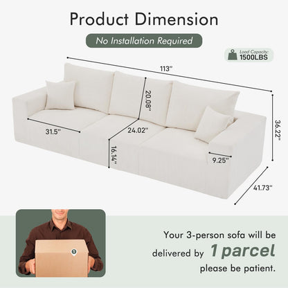 Boneless Cloud Couch Sofa for Living Room, 112" 3 Seater Beige Modern Lounge Sleeper Couch, No Assemble, Cordury Compression Upholstered Couches