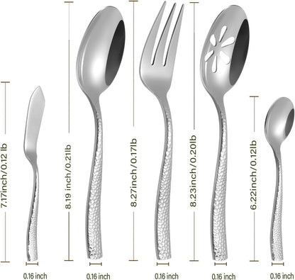 Silverware 45-Piece Silver Hammered Flatware Set with Serving Utensils Stainless Steel Thick Handle Mirror Polished Cutlery Set for Wedding Hotel Restaurant, Service for 8