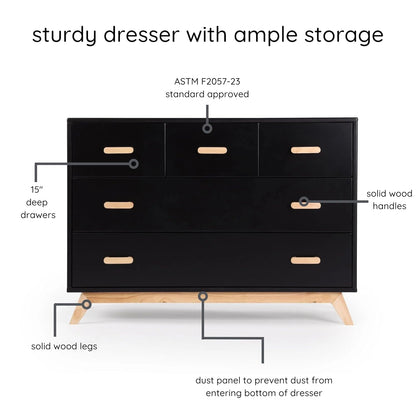 dadada Soho 5-Drawer Dresser for Nursery and Bedroom - Modern Design, Large Storage, Baby-Safe Finish, Soft Close Drawers, Anti-Tip Safety, Sturdy Legs & Solid Wood Handles, 47” Wide (Black+Natural)