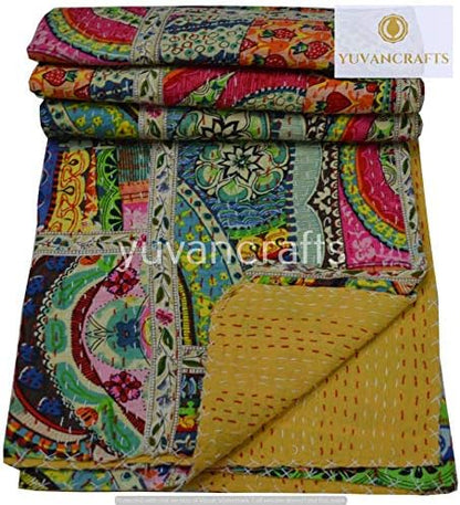 YUVANCRAFTS Patchwork Cotton Kantha Quilt - Indian Traditional Handmade Bedding Vintage Multi Color Quilt Blanket (Queen (90"x108"), Multi Patch 1)