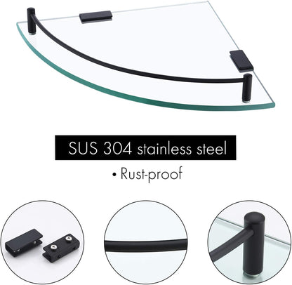 KES Bathroom Glass Corner Shelf Tempered Glass Shelf with Rail Wall Mount Corner Shelf SUS 304 Stainless Steel Matte Black 2 Pack, BGS2101A-BK-P2
