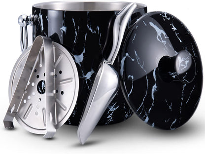 Ice Bucket with Lid, Scoop, Tongs and Strainer - Well Made Insulated Stainless Steel Keep Ice Frozen Longer - Ideal for Cocktail Bar, Parties, Chilling Wine, Champagne - 3 Liter (Black Marble)