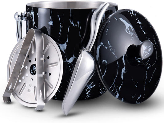 Ice Bucket with Lid, Scoop, Tongs and Strainer - Well Made Insulated Stainless Steel Keep Ice