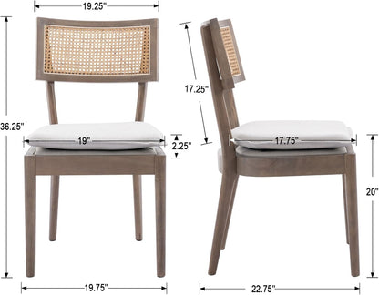 Rattan Dining Chairs Set Of 6 , Mid Century Modern Upholstered Cane Back Chairs with Removable Linen Cushion , Retro Farmhouse Natural Wooden Kitchen & Dining Room Chairs for Restaurant Living Room