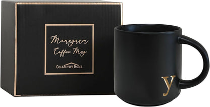 COLLECTIVE HOME - Black Monogram Ceramic Mugs, 15 oz Golden Initial Coffee Cups, Elegant Alphabet Tea Mugs, Personalized Halloween Mug with Gift Box, Perfect for Office and Home Décor (y)