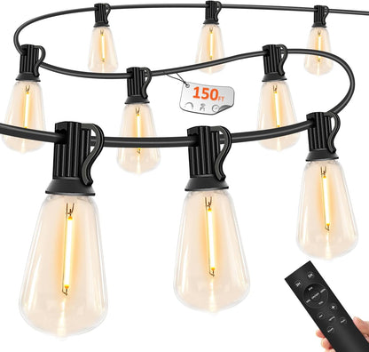 150 FT Outdoor String Lights for Outside – LED Patio Lights Waterproof with Dimmer Remote – Hanging Lights Shatterproof ST38 Vintage Edison Bulbs Porch Backyard Cafe Bistro