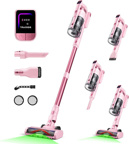 Cordless Vacuum Cleaner for Home, Upgraded 60Kpa Powerful Suction Pet Hair Vacuum with 70min Runtime, Green LED Light for Hardwood Floors & Carpet, Self-Standing Rechargeable Stick Vacuum, Pink
