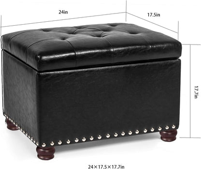 24'' Leather Storage Ottoman Rectangular Foot Rest Stool with Nailhead Trim Toy Chests & Storage Room Organizer for Bedroom Living Room(Black)