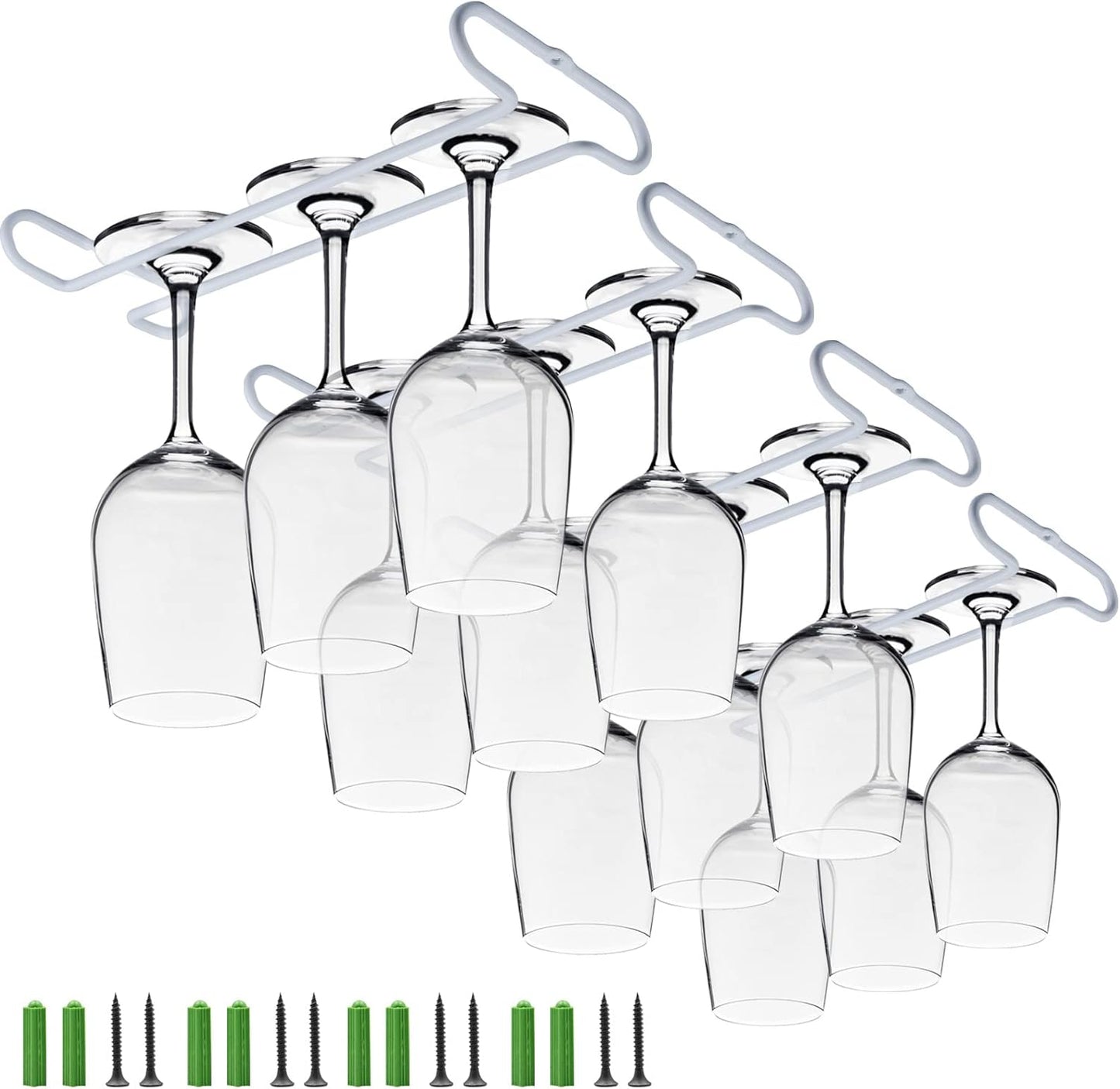 White 4 Wine Glass Rack Under Cabinet Shelf 10 Inch Stemware Storage Hanging Hanger Organizer Glasses Holder with Drying Under Counter Metal for Kitchen and Bar