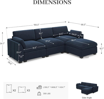 Belffin Extra Large Modular Sectional Sofa,106.3" 4-Seater L Shaped Couch,Velvet Convertible Sectional Couches for Living Room,Comfy Upholstered Modern Cloud Couch,Blue Sofa