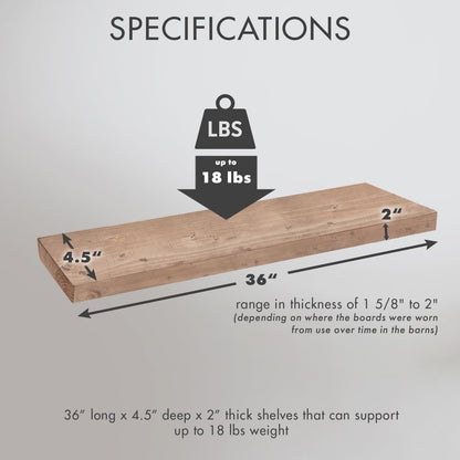 Urban Legacy Reclaimed Barnwood Planks | Floating Shelves for Wall w/Flush Mount Shelf Bracket Set Included | Set of 2 (Natural, 36"x 4.5"x 2")