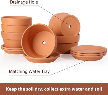 INGOFIN 5 Inch Terracotta Shallow Pots Set with Saucer - Ceramic Clay Pots with Drainage Hole, Terra Cotta for Plants for Indoor Outdoor Plants, Set of 6