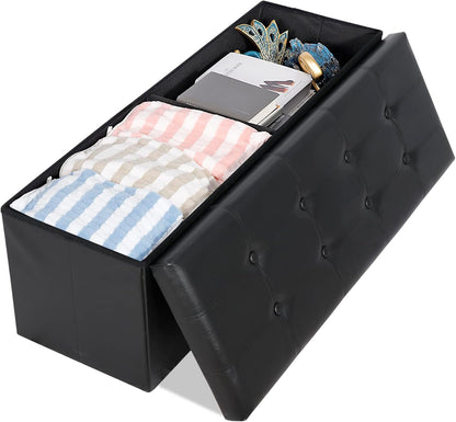 SUPER DEAL 43 Inch Folding Storage Ottoman Bench, Faux Leather Storage Chest Shoes Bench with Divider Padded Seat Couch Footrest for Bedroom Entryway, 660 lbs Capacity 43"x 15"x 15", Black