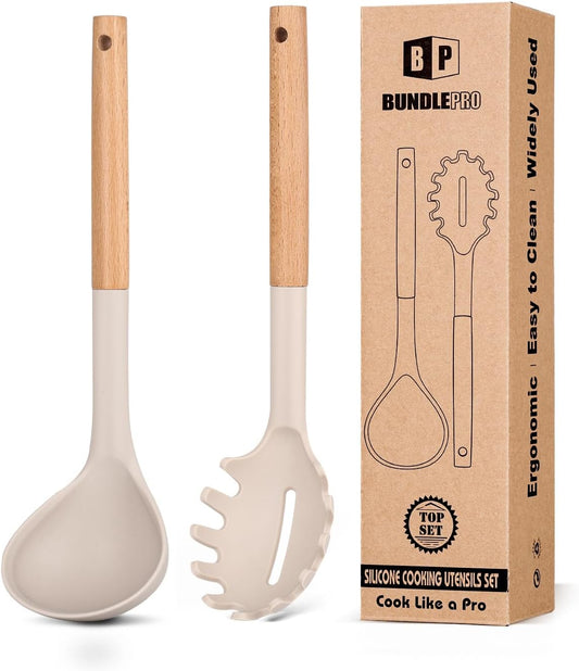 Silicone Pasta Fork and Ladle Spoon Set with Wooden Handle, Heat Resistant Non Stick Kitchen