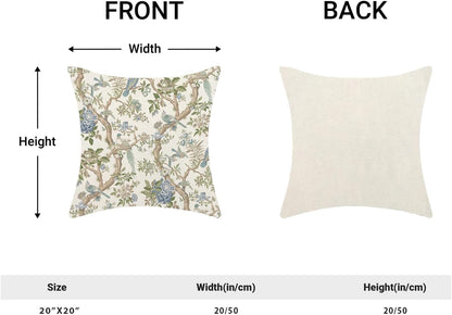 CXMEIFLY Chinoiserie Spring Pillow Covers 20 x 20 Inch Set of 2 for Blue Sage Green Vintage Flowers Bird Decor Throw Pillows Plant Farmhouse Outdoor Decorative Cushion Cases for Couch Bed Decorations