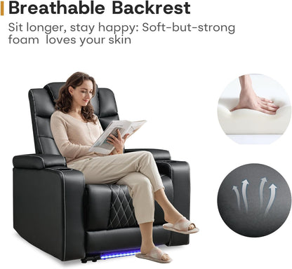 ANJ Power Home Theater Recliner Chair Set of 3, Electric Movie Theater Seating Reclining Chairs with Cup Holders for Living Room, Faux Leather with Blue LED, USB Ports, Hidden Arm Storage (Black)