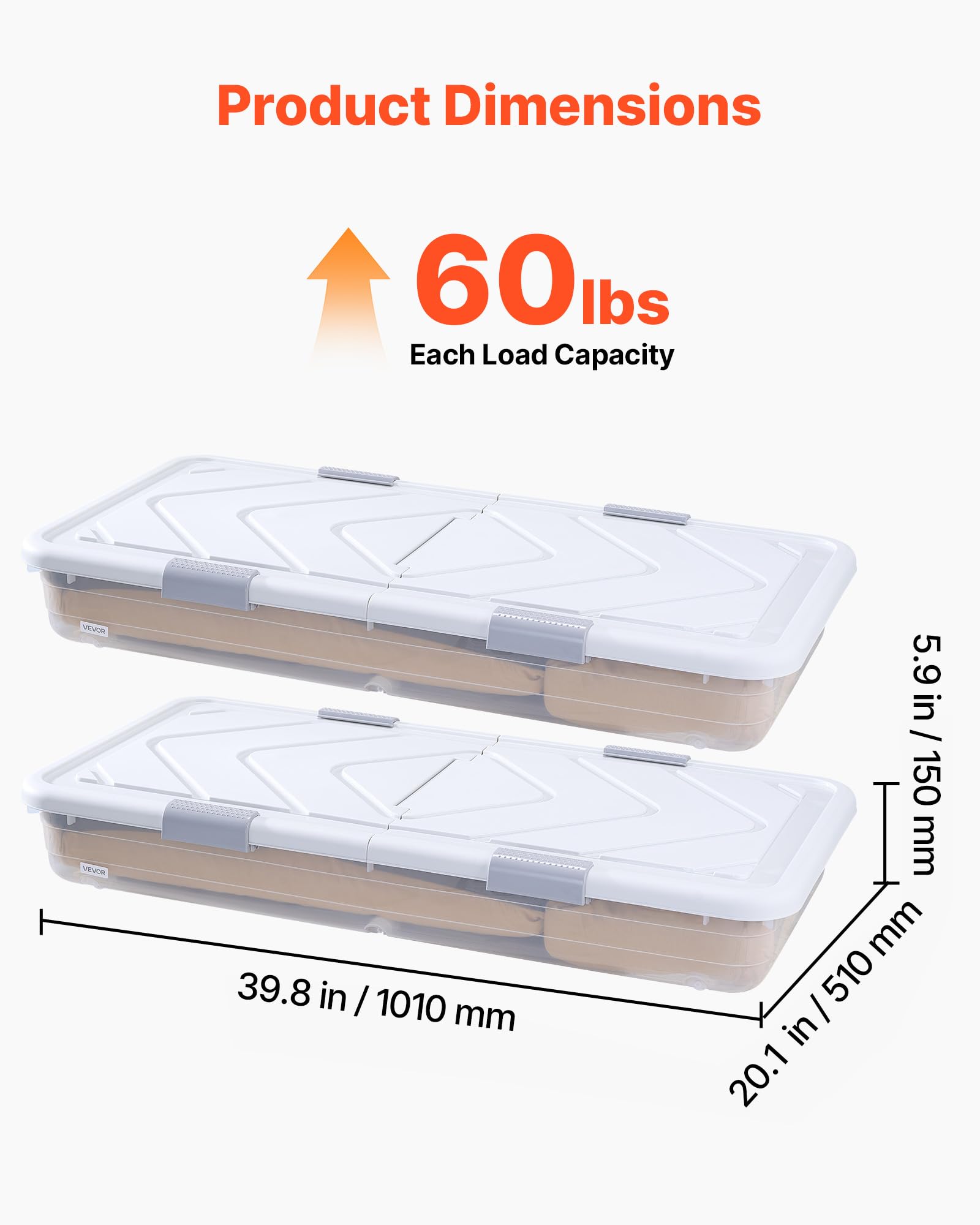 VEVOR Under Bed Storage with Wheels, 39.8 x 20.1 x 5.9 inch Underbed Containers, Underbed Shoes