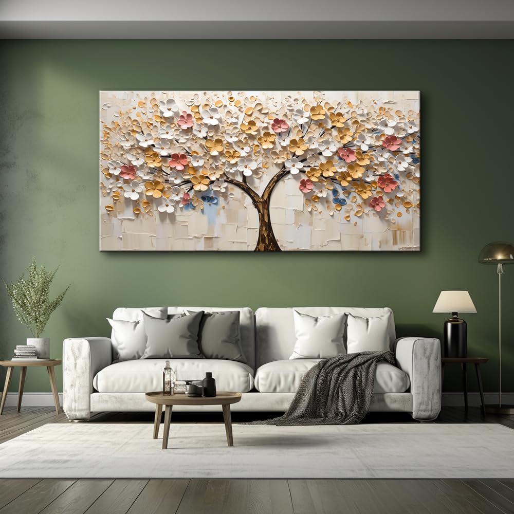 LASMOND White Spring Tree of Life Wall Art Office Decor Living Room Modern Painting Prints Pictures Abstract Floral Flower Nature Canvas Large Landscape Artwork (16x30 Inches)