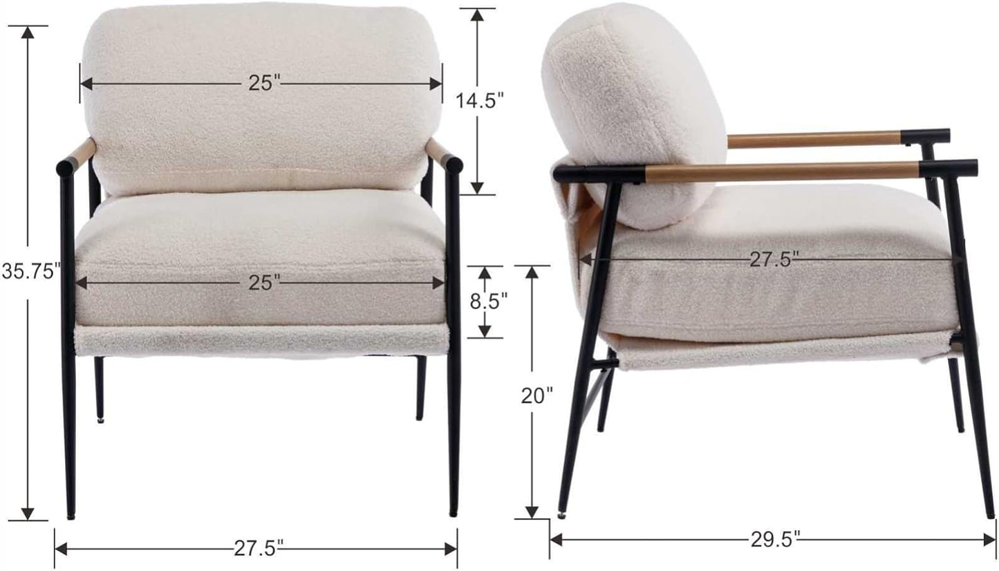 Mid-Century Accent Chair Set of 2, Soft Armchair Sherpa Fabric Lounge Chair with Black Metal Legs, Upholstered Leisure Chair for Living Room Bedroom Reception Room, White