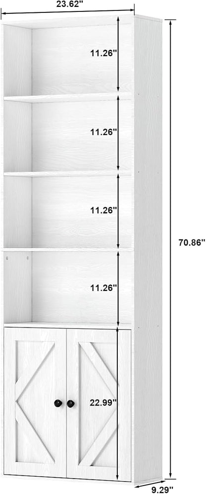 Tall White Bookcase with Doors – Wooden Bookshelf with Storage Cabinet & Shelves for Living Room, Bedroom, or Office