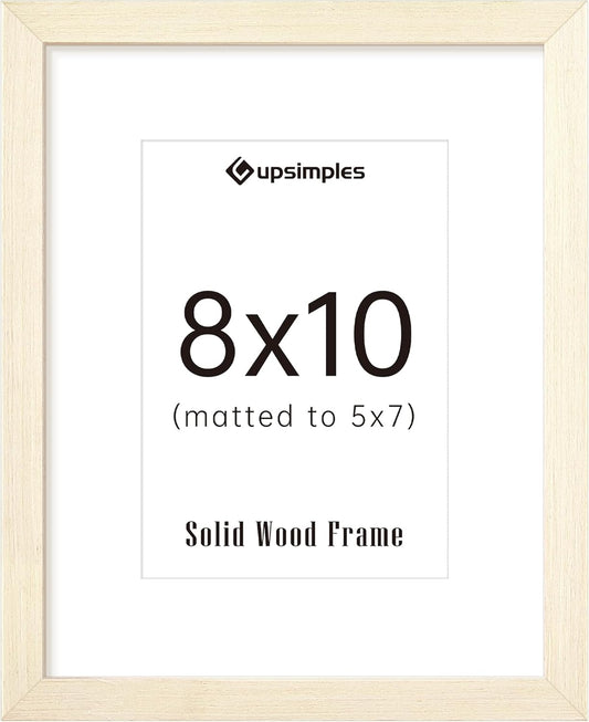 upsimples 8x10 Picture Frame, Natural Solid Wooden Picture Frames, Display 5x7 with Mat or 8 x 10 Without Mat, Wall or Tabletop, 1 Pack, White