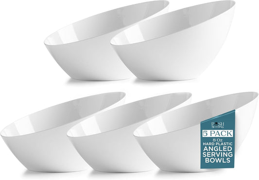Posh Setting - White Plastic Serving Bowls for Party Angled Bowls Disposable Chip Bowls Candy Bowls for Party Table Salad and Fruit Bowls for Party Wedding Serving Bowls - White, 8 OZ, 5 Pack