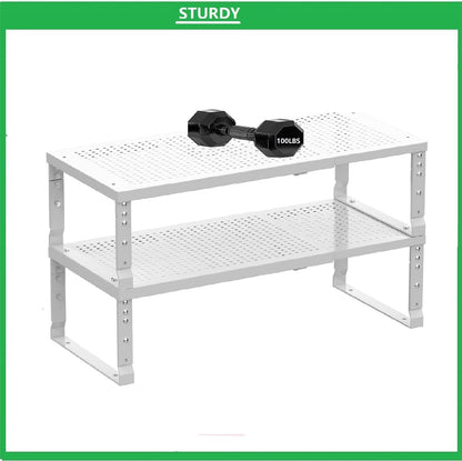 Metal Stackable Expandable Storage Shelf - Multi-Functional Home Storage Shelf, Suitable for Kitchen, Cabinet，Bathroom, Office, Garage, etc.（2PACKS/White/Large