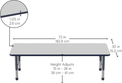 FDP Rectangle Activity School and Classroom Kids Table (30 x 72 inch), Chunky Toddler Leg, Adjustable Height 15-24 inches - Gray Top and Navy Edge
