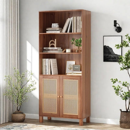 Tall Bookshelf, 5-Tier Book Shelf with 2 Rattan Doors, Freestanding Bookcase Display Shelves with Large Storage, Book Case for Living Room, Office, Study, Bedroom, 70.9 Inch