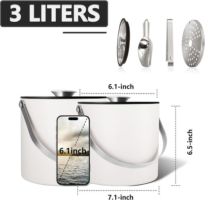 Insulated Ice Bucket with Silicone Lid, Scoop, Tongs & Strainer, 3L Stainless Steel Double Wall Ice Buckets for Parties & Cocktail Bar, Champagne Ice Bucket with Lid for Freezer, Ivory