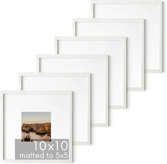 HAUS AND HUES Solid Oak Wood 10”x10” Picture Frames Matted to 5”x5” Set of 6 - Square White Picture Frames 10x10, White Frames 10 x 10, Gallery Wall Frame Set, 10 x 10 White Poster Frames