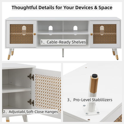 JYED Mid Century Modern TV Stand and Console for TVs Up to 75" - White Entertainment Center, 2 Gold Metal Mesh Doors & MDF Wood Grain, 15.8" D x 66" W x 23.5" H