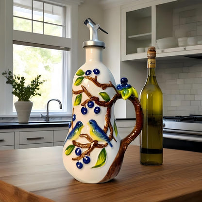 18.26oz/540ml Ceramics Olive Oil Dispenser Bottle,Hand Painted Reliefs Oil Dispenser for Kitchen,Oil Bottles for Kitchen (Blueberry)