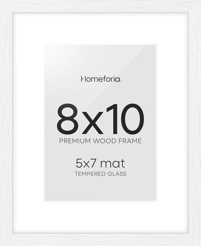 Homeforia 8x10 Picture Frame White, High End Oak 8 x 10 Wooden Frames with Mat 5 by 7 Print, 8x10 Wood Frame Matted to 5x7 inch Photo, 8by10 Wall or Tabletop Frames, Tempered Glass, Wall Kit, Set of 1