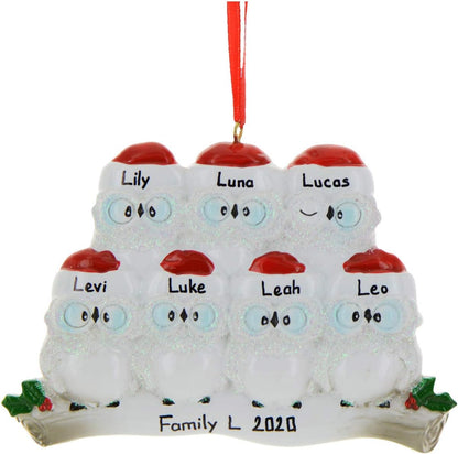 Owl Family of 7 Ornament 2025 Personalized Family Christmas Ornaments 2025 | White Holiday Keepsake Woodland Owls Personalized Tree Ornaments for Grandchildren, Siblings & Grandkids of Seven Ornament