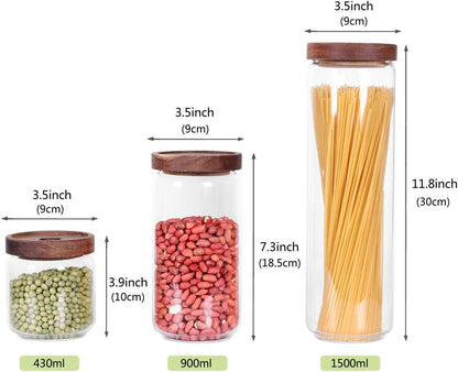 Glass Canisters Set of 5 for the kitchen, Glass Storage Container jars with Airtight Acacia Lid for Coffee Beans, Flour, Sugar, Rice and Spaghetti and etc