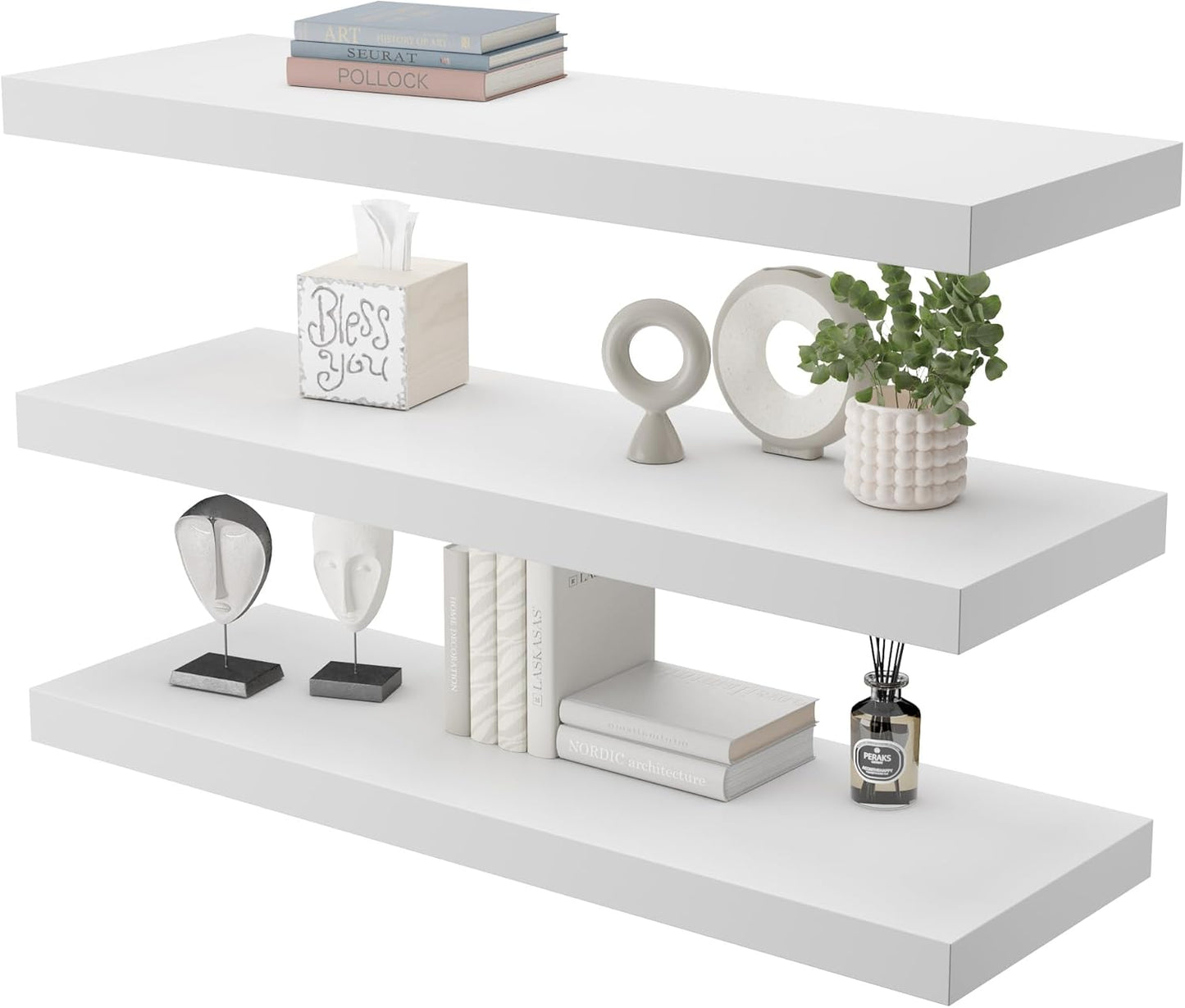 Large Floating Shelves for Wall Set of 3 Wooden Wall Shelves 30 in x 12.75 in x 2 in Room Decor Long Shelf with Invisible Wall Mount Bracket for Bedroom Kitchen Living Room White