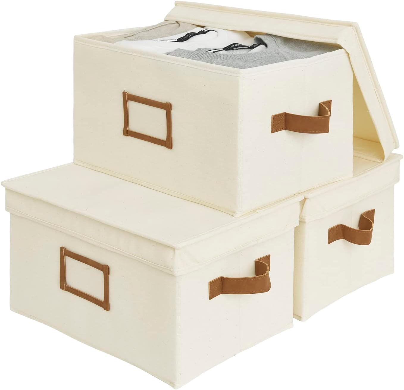 StorageWorks Large Storage Bins with Lids, Decorative Storage Boxes with Lid and PU Handles, Foldable Storage Baskets for Closet, Shelves, Stackable, Ivory, 3-Pack