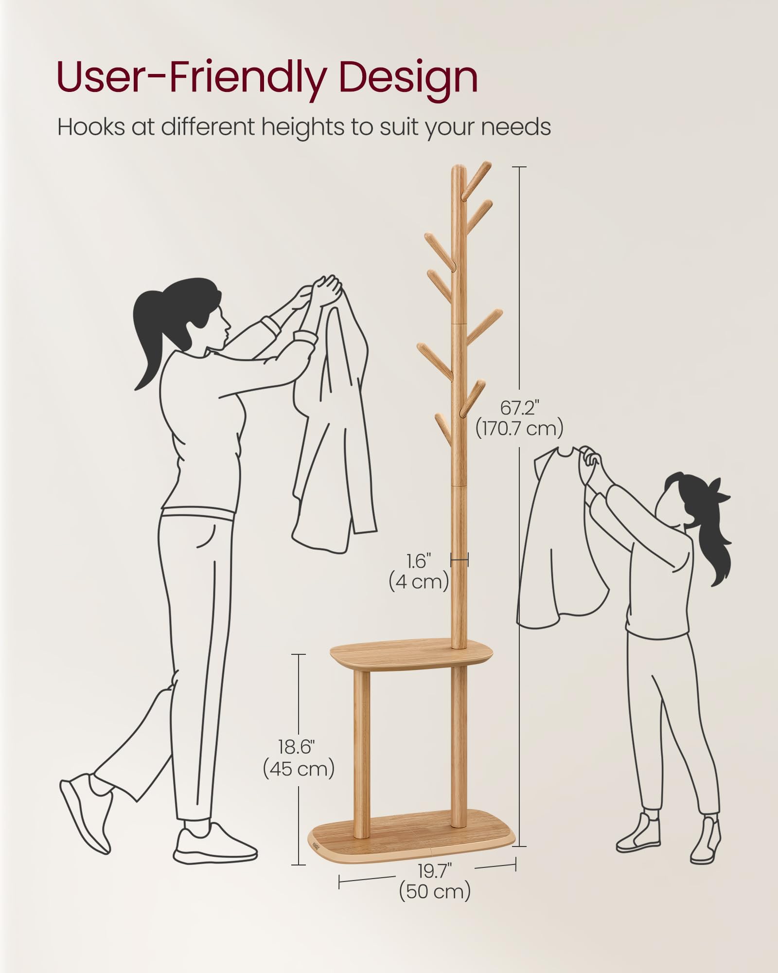 VASAGLE Coat Rack, Free Standing Coat Stand, Hall Coat Tree with 8 Hooks and Storage Shelf, 67.2