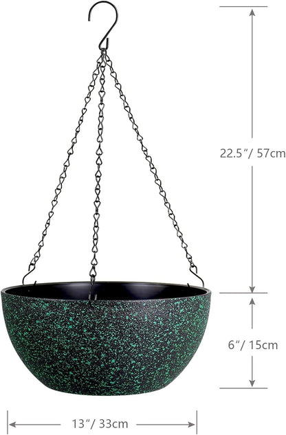 13inch Large Hanging Planters Pots for Outdoor Indoor Plants with Drainage Holes and Chain, 2pack Round Hanging Flower Pots for Garden Home Porch Decor, Black with Green Speckles