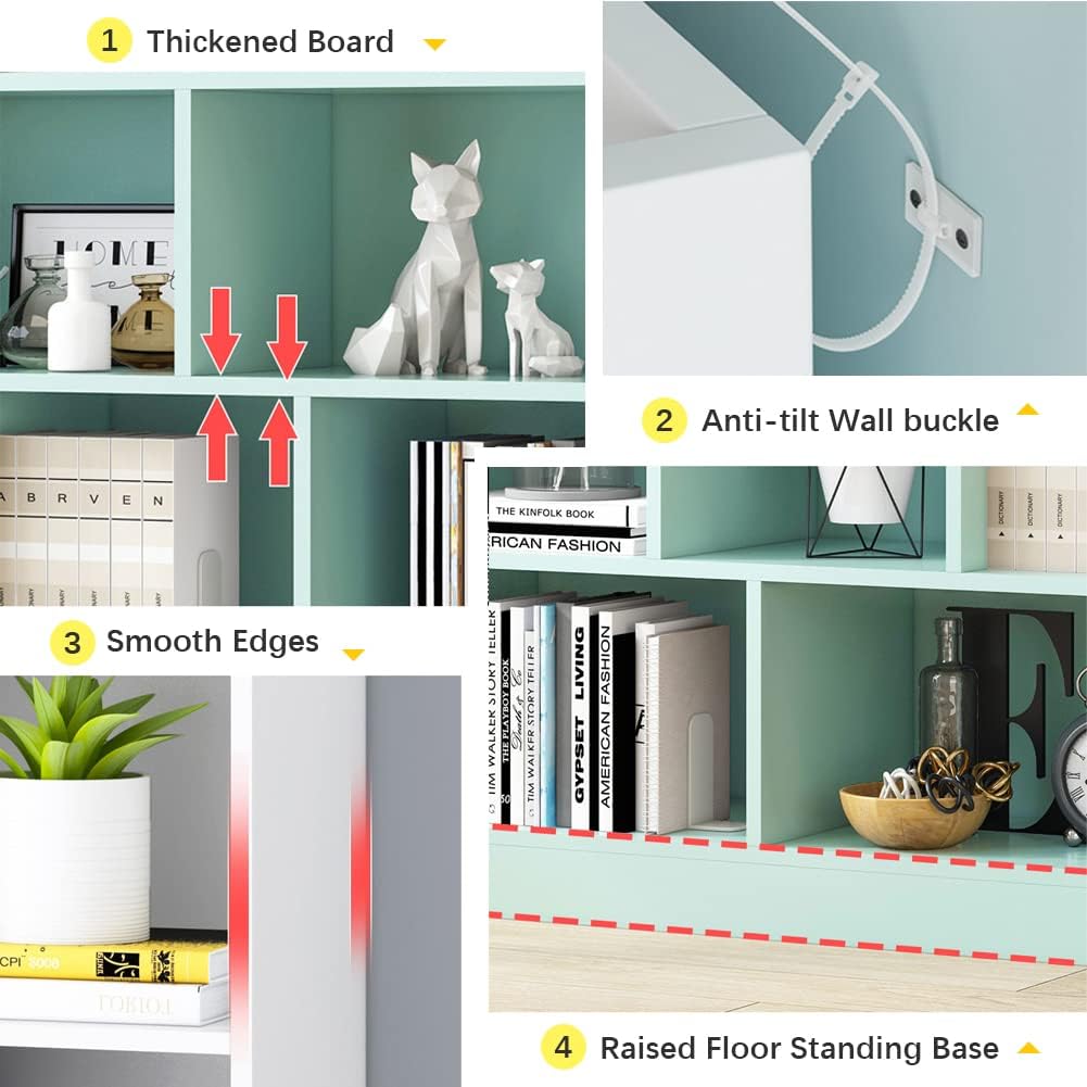 IOTXY Open Shelf Low Bookcase - Wooden 3-Tier Floor Standing Display Cabinet Organizer with Base, 8 Cubes Short Horizontal Bookshelf in Tiffany-Green