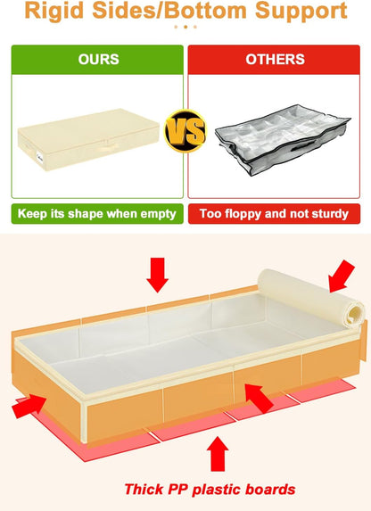 punemi 4.5 Inch Tall Low Profile Under Bed Storage Containers Bins, 2Pcs Shallow Flat Underbed Clothes Storage With Sturdy Structure Support, Under Couch & Sofa Storage For College Dorm Room, Beige