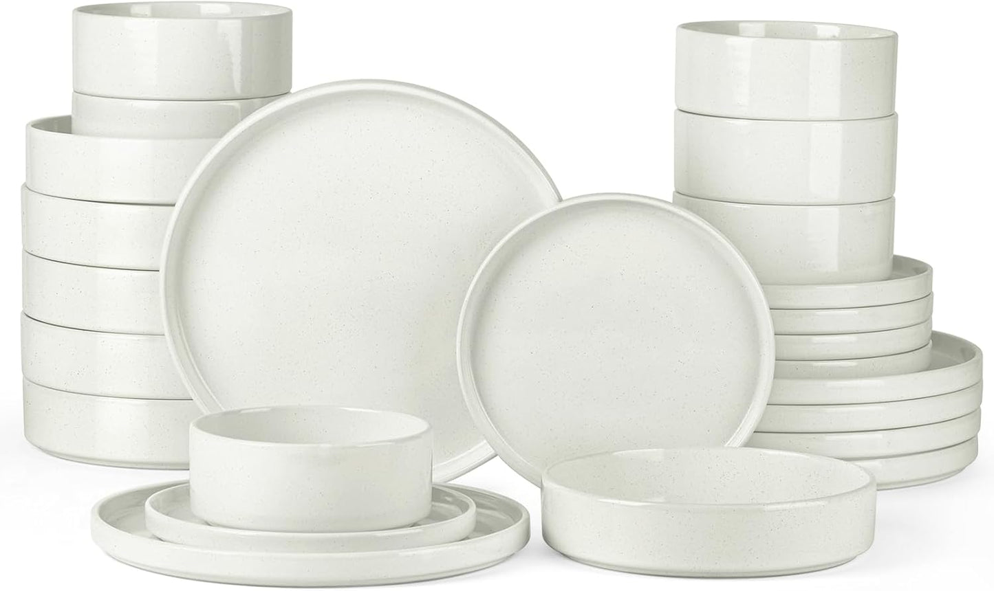 Onader 24 Piece Dinnerware Sets with Pasta Bowls for 6, Stoneware Plates and Bowls Dish Sets, Ceramic Speckled Dinner Dishware for Kitchen Dining, Microwave & Dishwasher Safe - Cloud White