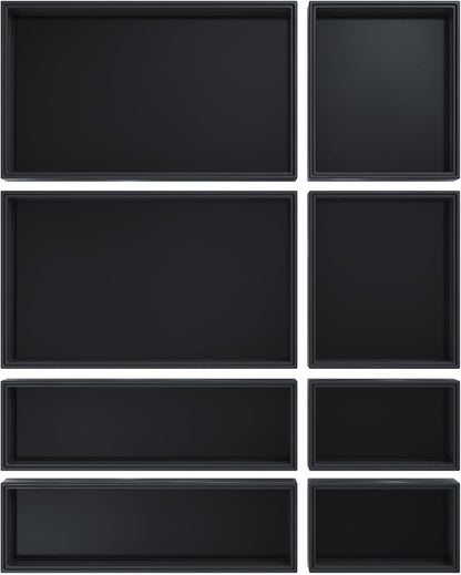 Bathroom Drawer Organizer Trays, Bamboo Drawer Organizer Kitchen Utensils Silverware Organizer, 8 PCS Wood Box Stackable Bins for Makeup, Office Desk, Junk Drawer (Black)