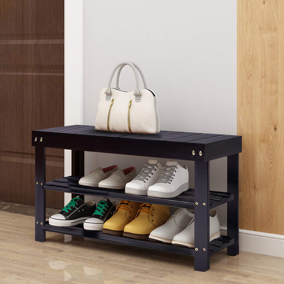 GOFLAME Shoe Bench Rack, 2-Tier Bamboo Seat Storage Shelf, Free Standing Shoe Storage Bench with